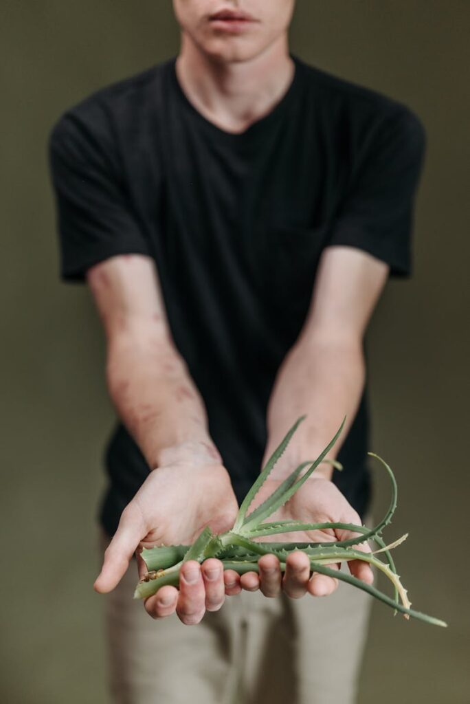 A man presenting an aloe vera plant with outstretched hands against a brown background. Best Eco Friendly Skincare Tips